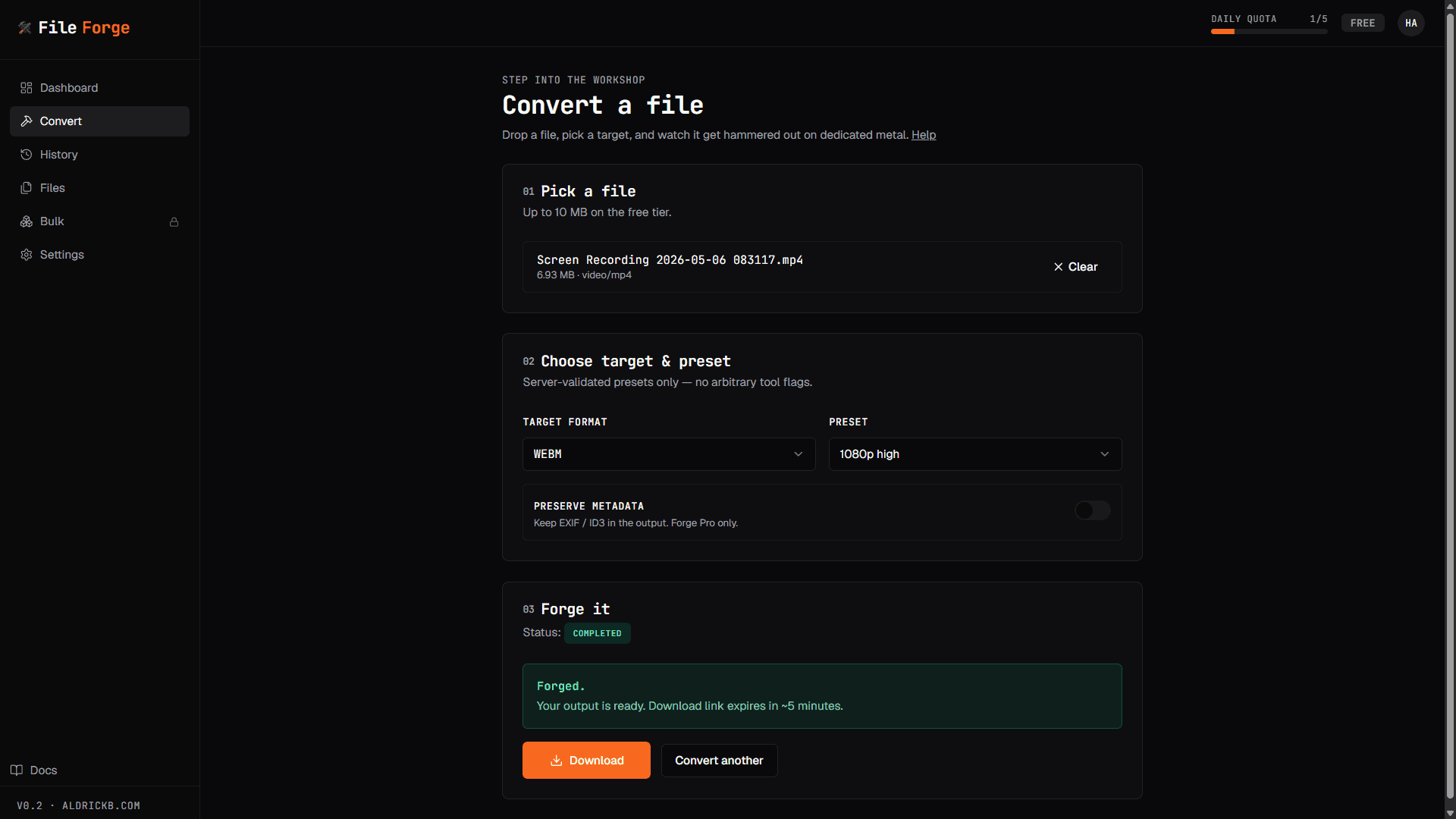 FileForge convert page mid-flow with a video file ready to forge into WebM at 1080p.