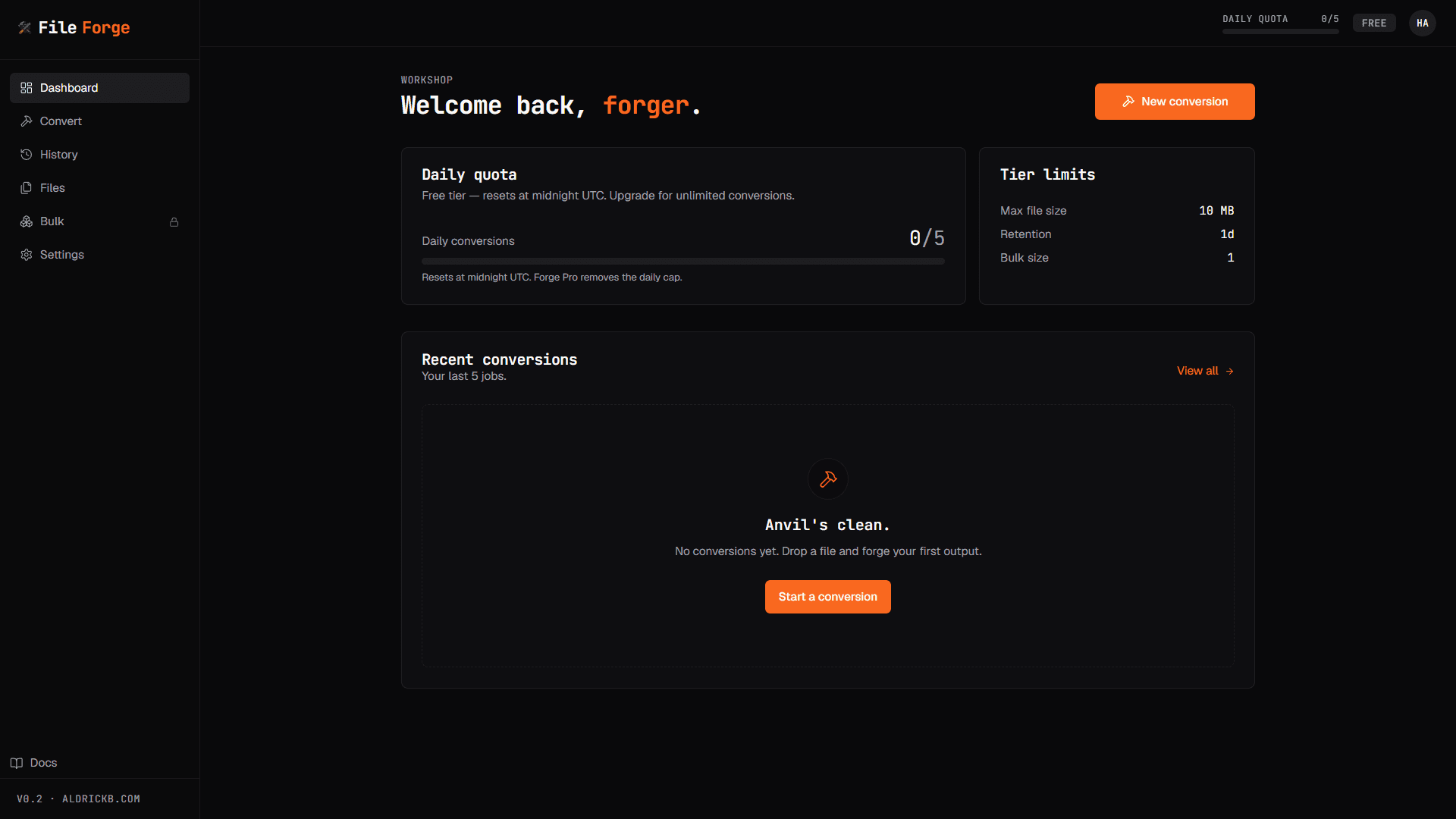 FileForge dashboard showing daily quota, tier limits, and recent conversions.